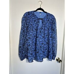 Old Navy Blue Floral Peasant Blouse XL Long Puff Sleeve Tie Neck Boho Sheer Top